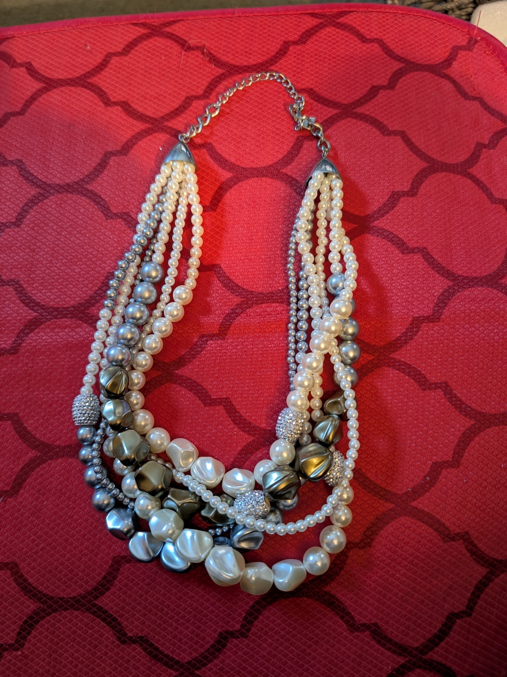 Multi-Strand Pearl & Metallic Statement Necklace - White and Silver